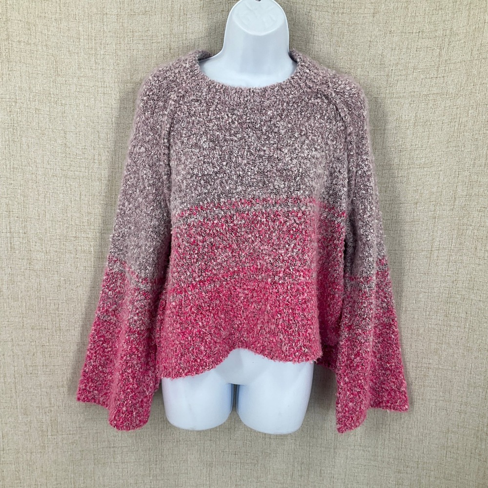Free People Sweater Womens XS Pink Purple Bouclé Ombre Boho Flare Sleeve Cropped